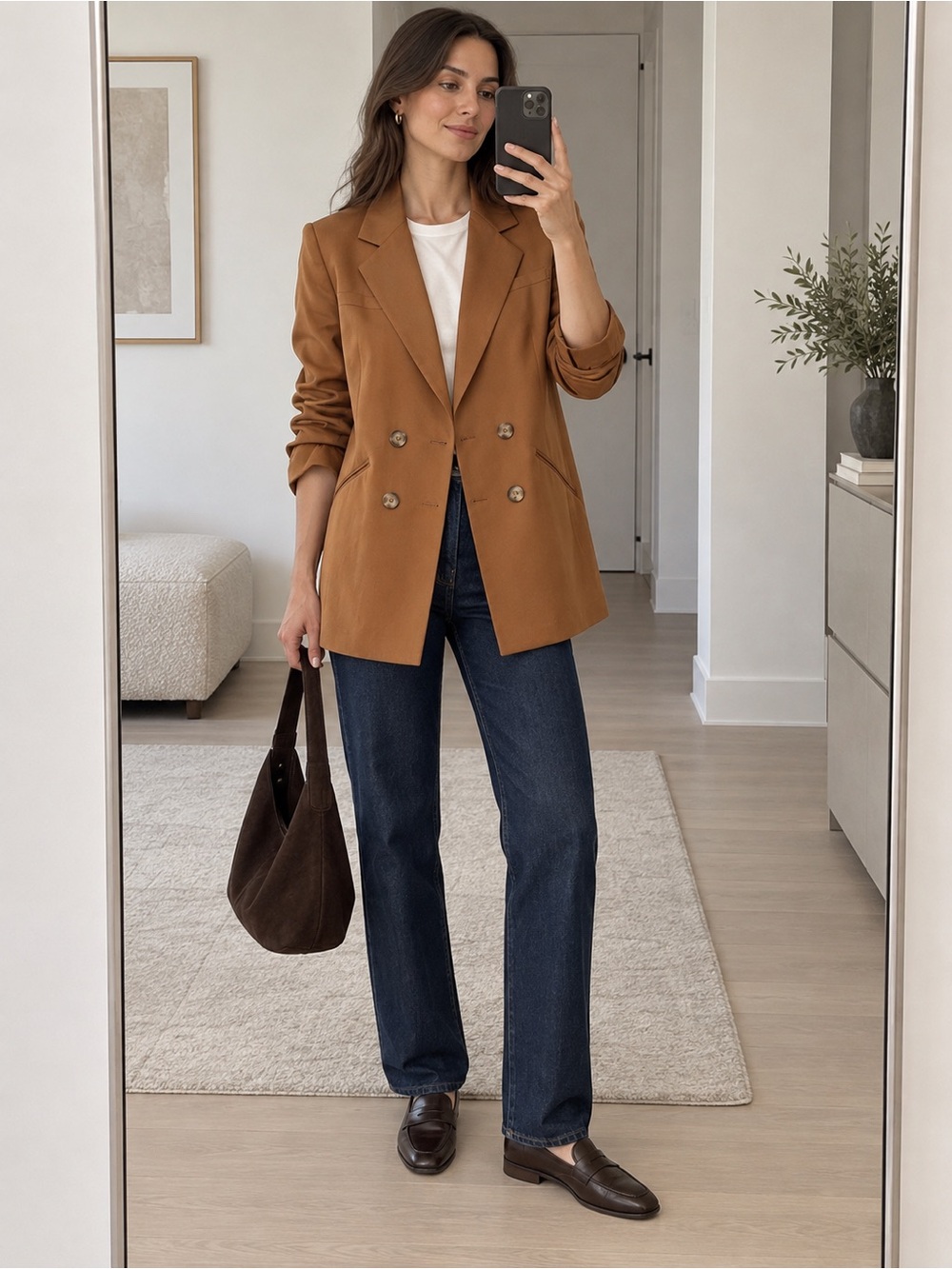 Veronica Beard Rupert Double-Breasted Whisky Brown Ruched Sleeve Blazer Size 6